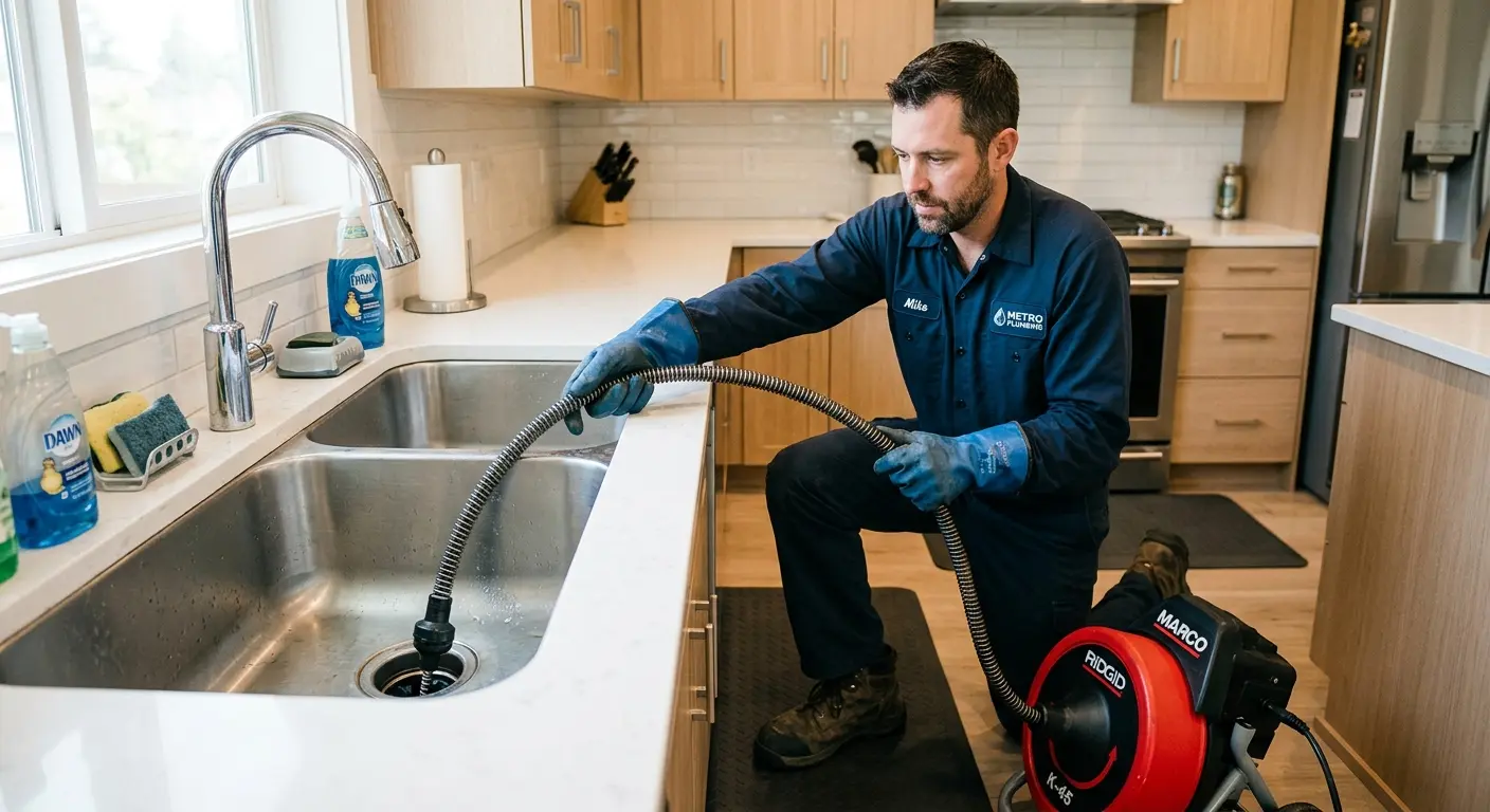 Drain cleaning technician using a motorized snake on a kitchen sink in Winter Haven