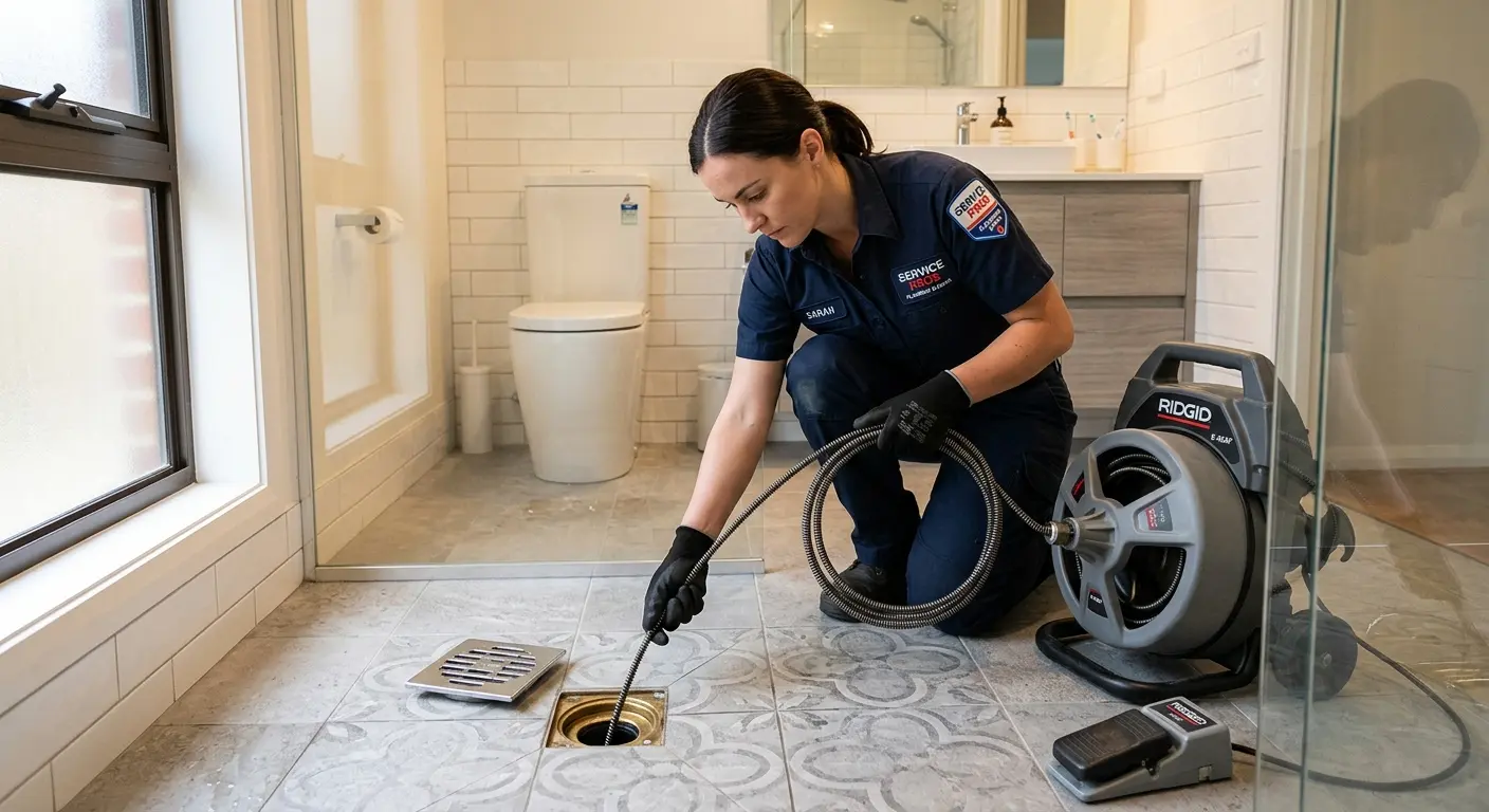 Technician clearing a bathroom floor drain for Drain Cleaning in Winter Haven